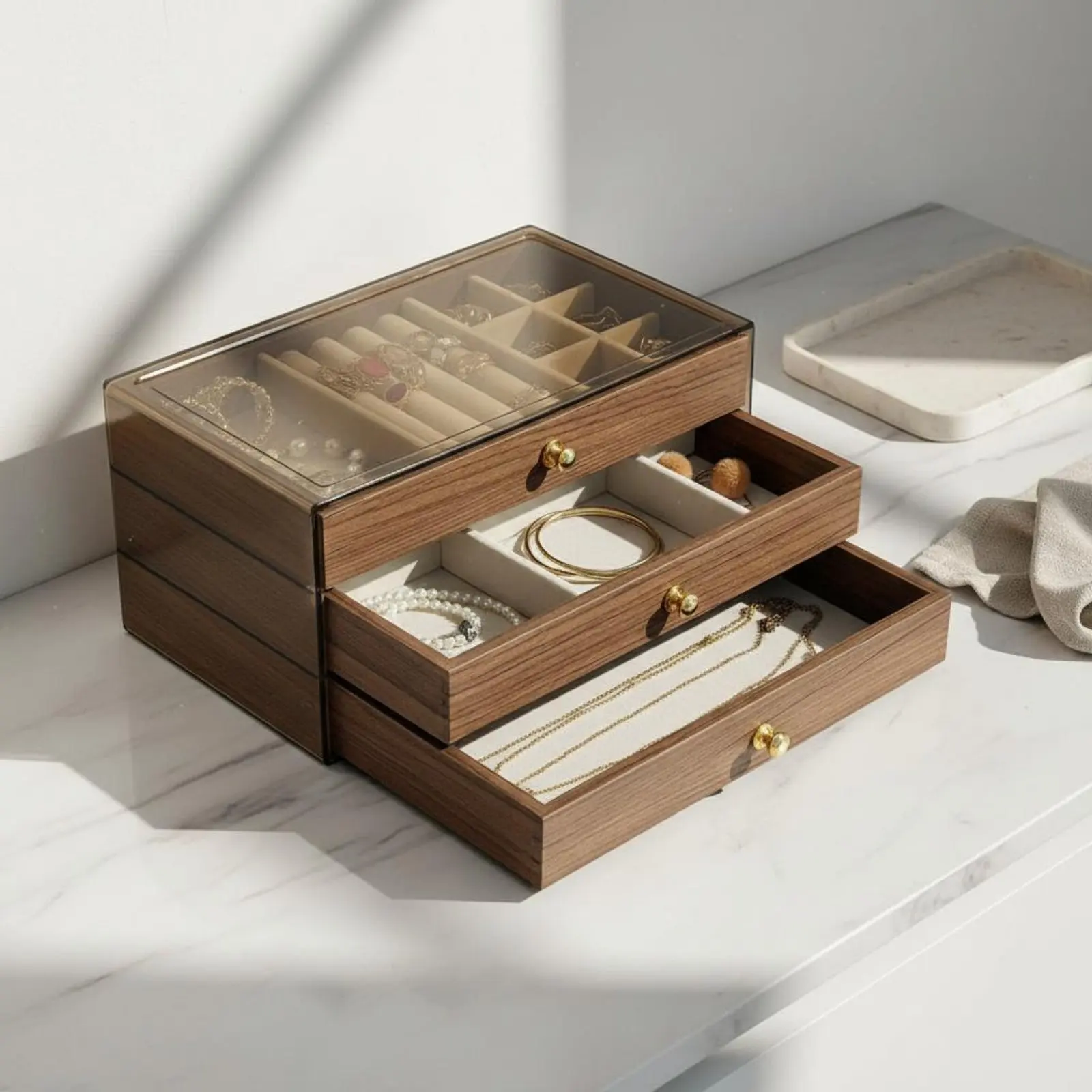 Walnut Wood Grain Jewelry Case Removable Dividers 3-Drawer Jewelry Chest Multi-Compartment Storage Case Perfect Gift for Vanity