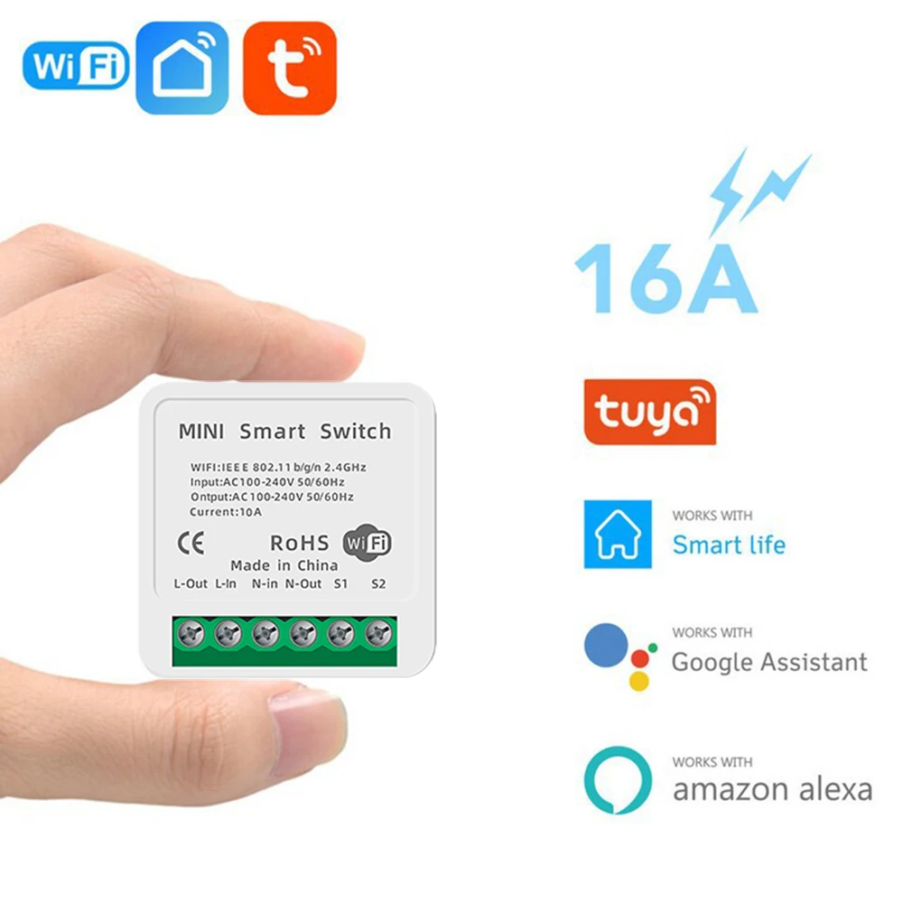 Tuya Smart Mini Switch WiFi 16A Automation 2-Way Control Timer Smart Circuit Breaker Smart Life Compatible with Alexa Goog