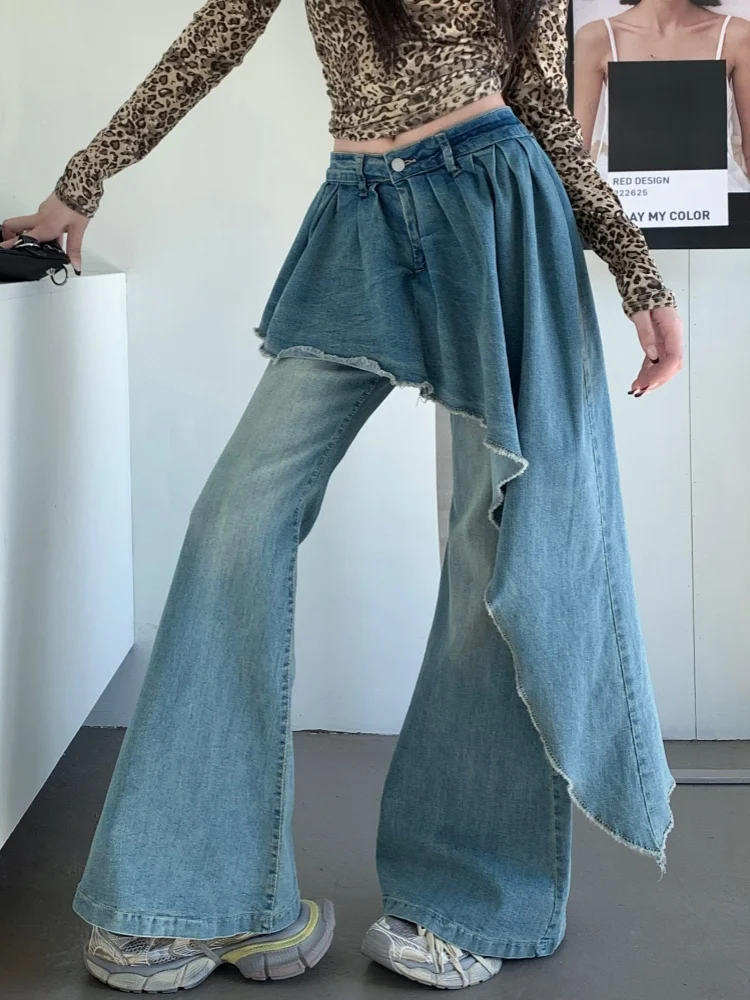 2024 Ropa Y2K Fashion Ribbon Washed Blue Slim Stacked Flare Jeans Pants For Women Designer Clothes Gothic Lady Denim Trousers