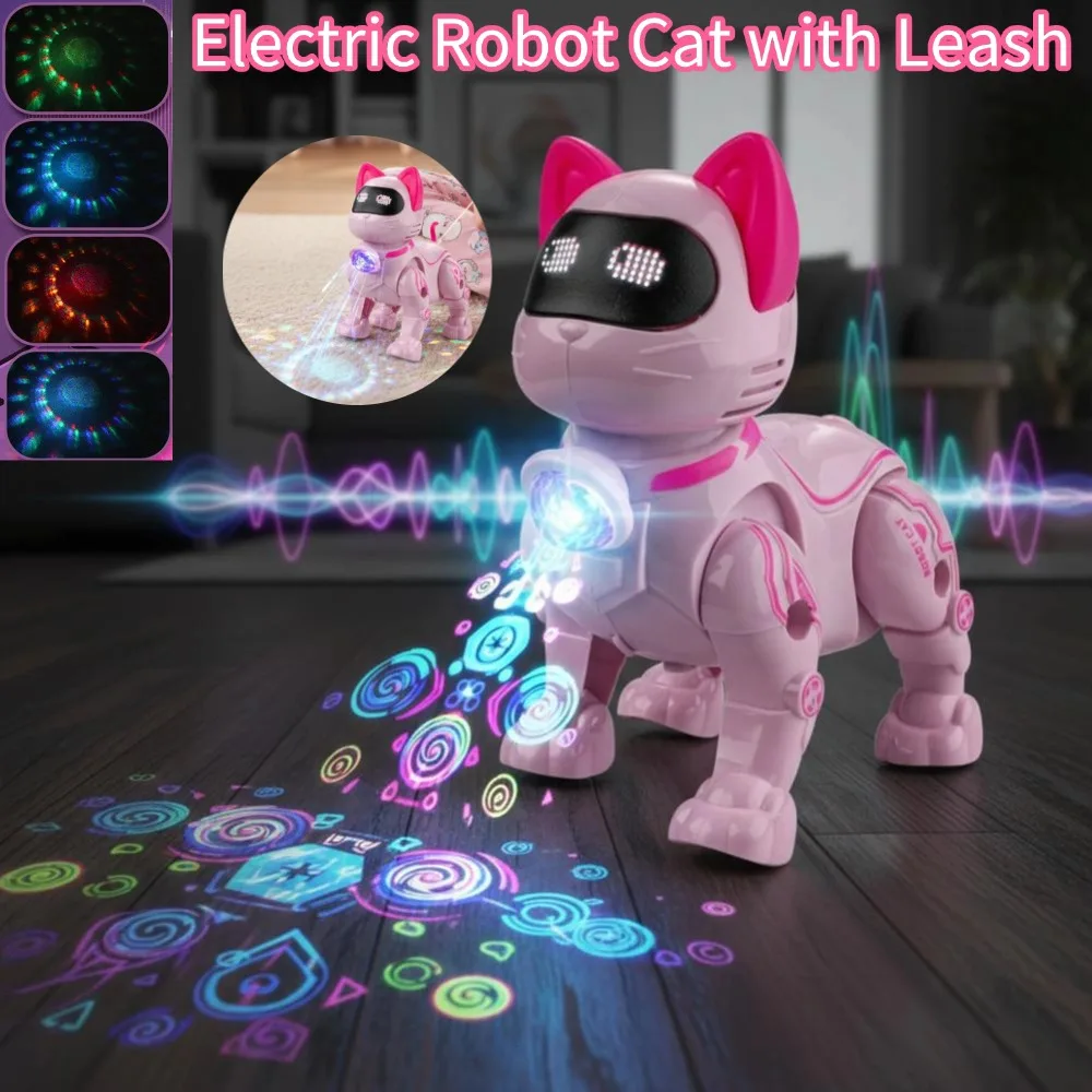 Children's Electric Robot Cat with Leash with Colorful Flashing LED Lights and Dynamic Music Pink Kitten Machine Toys