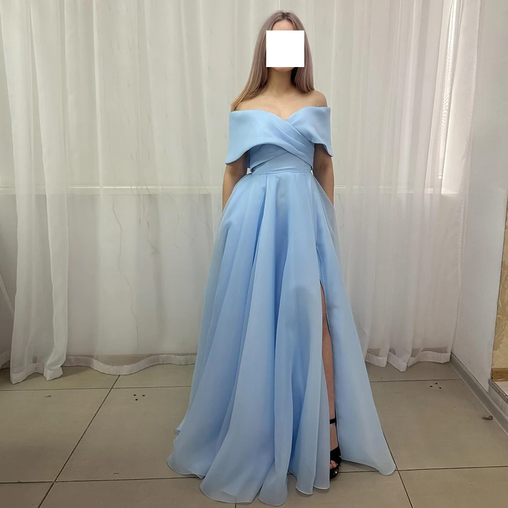 

Blue Floor Length Off the Shoulder Evening Dress Modern A-Line Organza Short Sleeves Elegant Pleats Saudi Arabia Prom Gowns