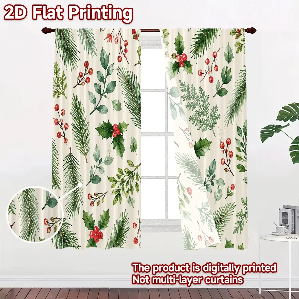 2D FLAT PRINTING 2pcs Curtains (Without Rod) Christmas Leaves and Berries Modern Minimalist Curtains Prints Light Filtering