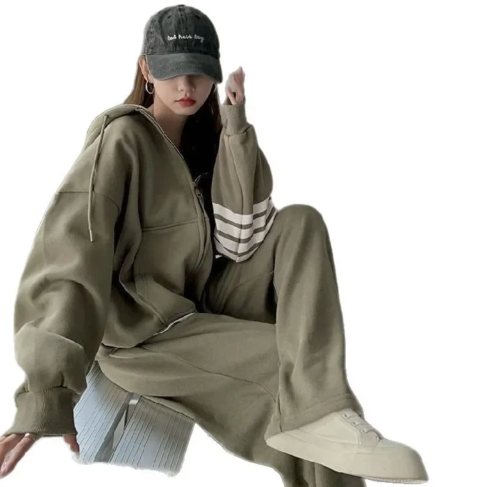 طقم ملابس رياضية رفيعة من مزيج القطن للسيدات مع قلنسوة وسروال واسع الساق مكون من قطعتين كاجوال على الطراز الكوري سترة مفتوحة #5