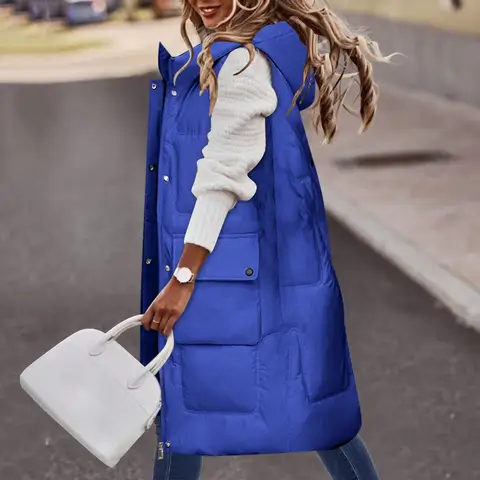 Plus Size 5XL Sleeveless Winter Jacket for Women Down Vest Keep Warm Elegant Hooded Vest Parkas Lady Cotton Padded Long Overcoat