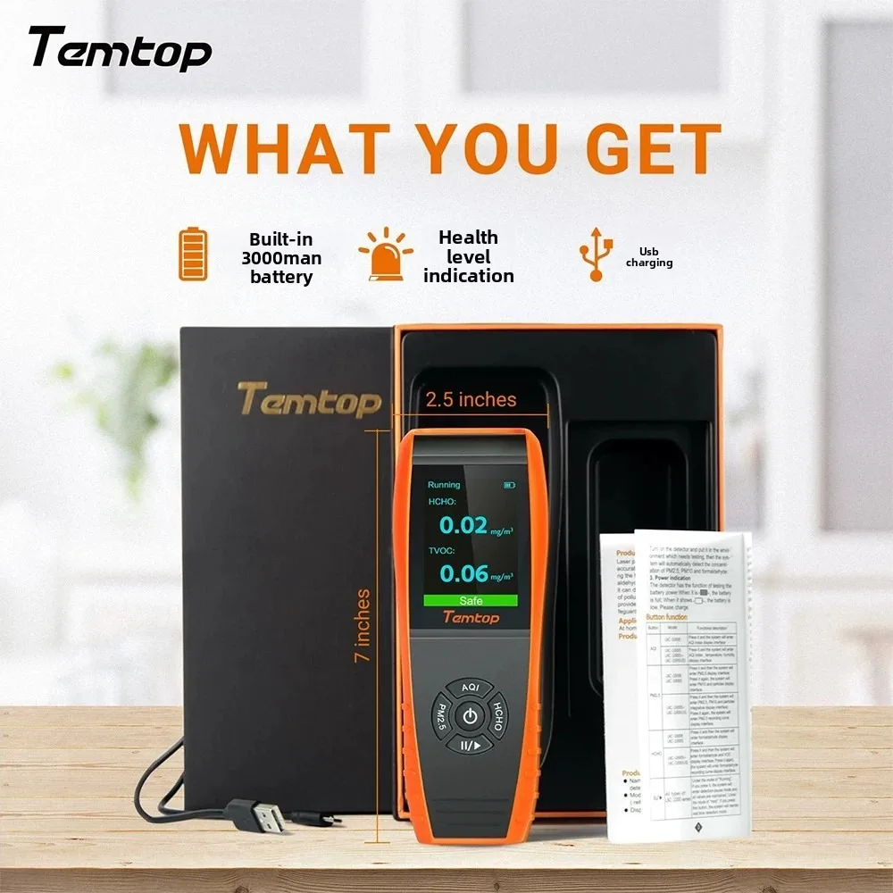 Tamtop Portable Air Quality Detector Formaldehyde Monitor PM2.5 PM10 AQI Temp Humidity for Home Car Office