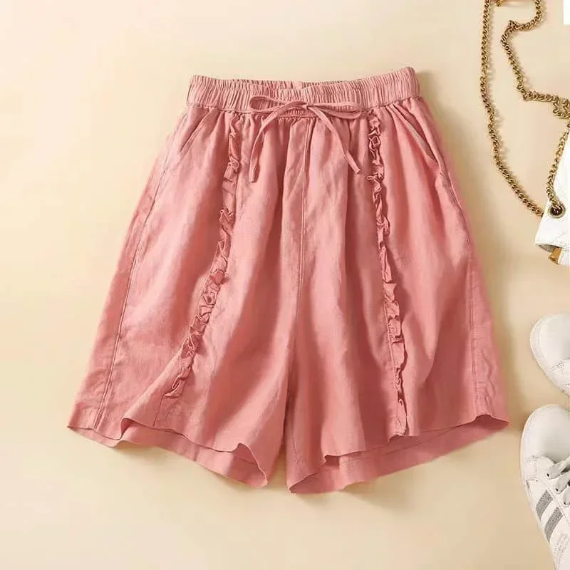 팝 코튼 린넨 반바지 여성 여름 신상 빈티지 티어드 밴딩 와이드 레그 팬츠 하라주쿠 캐주얼 루즈핏 반바지 여성 의류