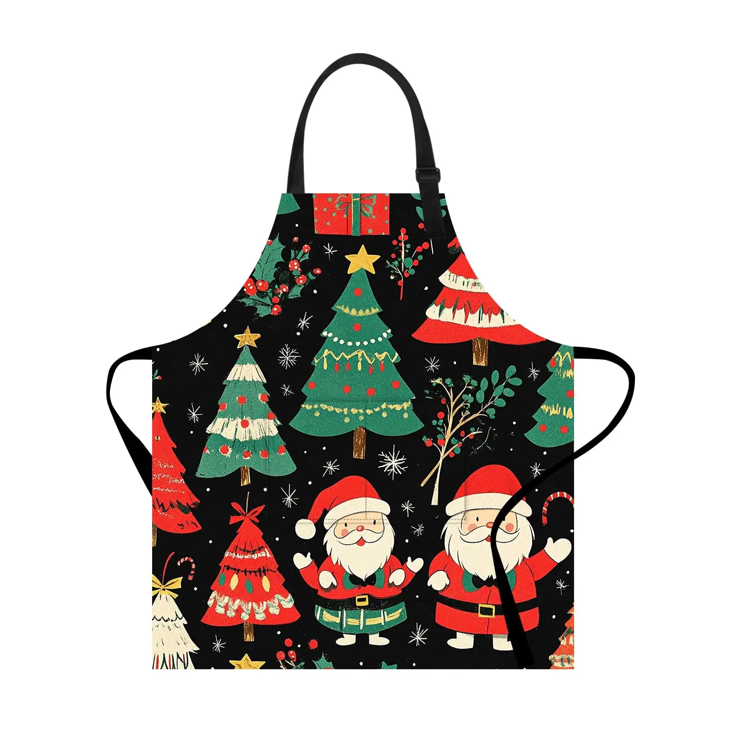 

Christmas Santa Claus Tree Themed Kitchen Apron for Adults –Holiday Cooking Apron with Santa Christmas Trees Snowflakes