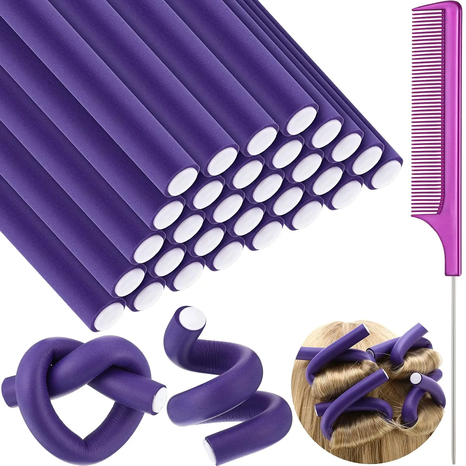 

30 Pcs Flexible Curling Rods with Steel Comb, No Heat Hair Rollers for Long & Short Hair (Purple)