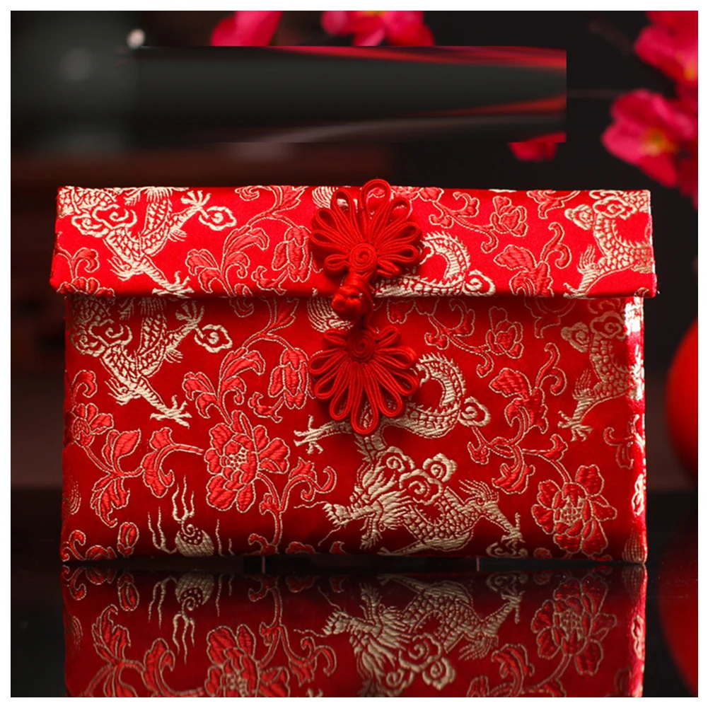 Chinese Style Brocade Red Envelope Bag,Spring Festival Luck Red Packets Bag For Chinese Wedding Birthday Invitation Card Bag