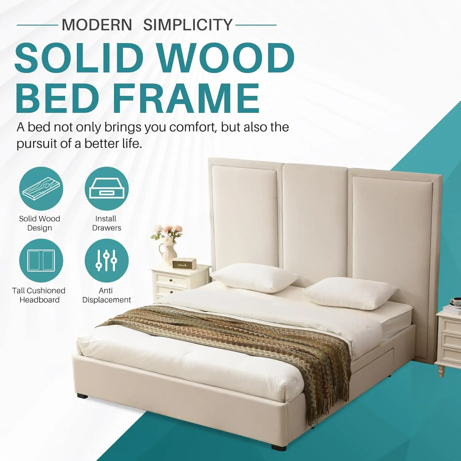 King Size Bed Frame with 64-inch High Headboard, Simple and Airy Linen Upholstered Platform Bed with Storage Drawers, Wood Slat, - view 5