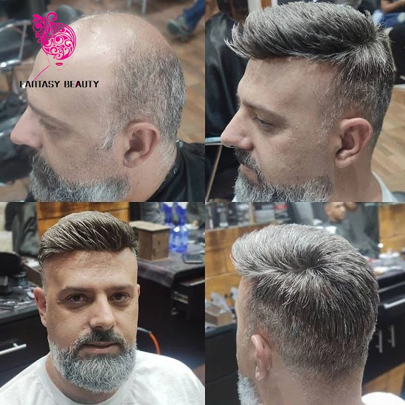 Peluca de cabello humano Remy gris para hombres, prótesis Superfina de 0,06mm-0,08mm, Base de Pu completa, tupé de micropiel Vlooped, rayita Natural, #1B80