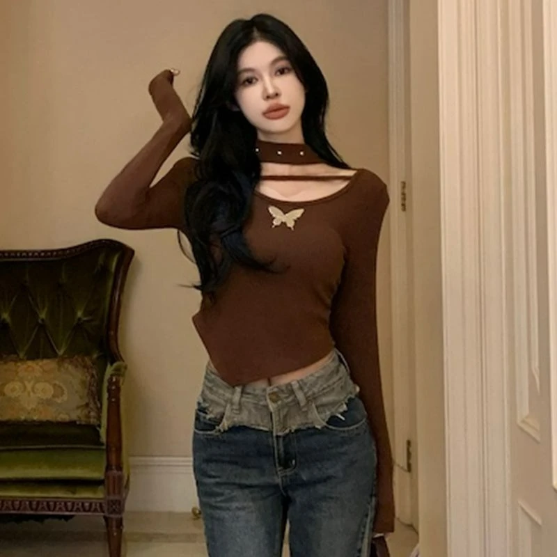 مثير جوفاء التدريجي القوس قصيرة طويلة الأكمام تي شيرت للنساء 2026 الخريف/الشتاء نمط جديد التخسيس تنوعا تصميم قاعدة طبقة علوية #2