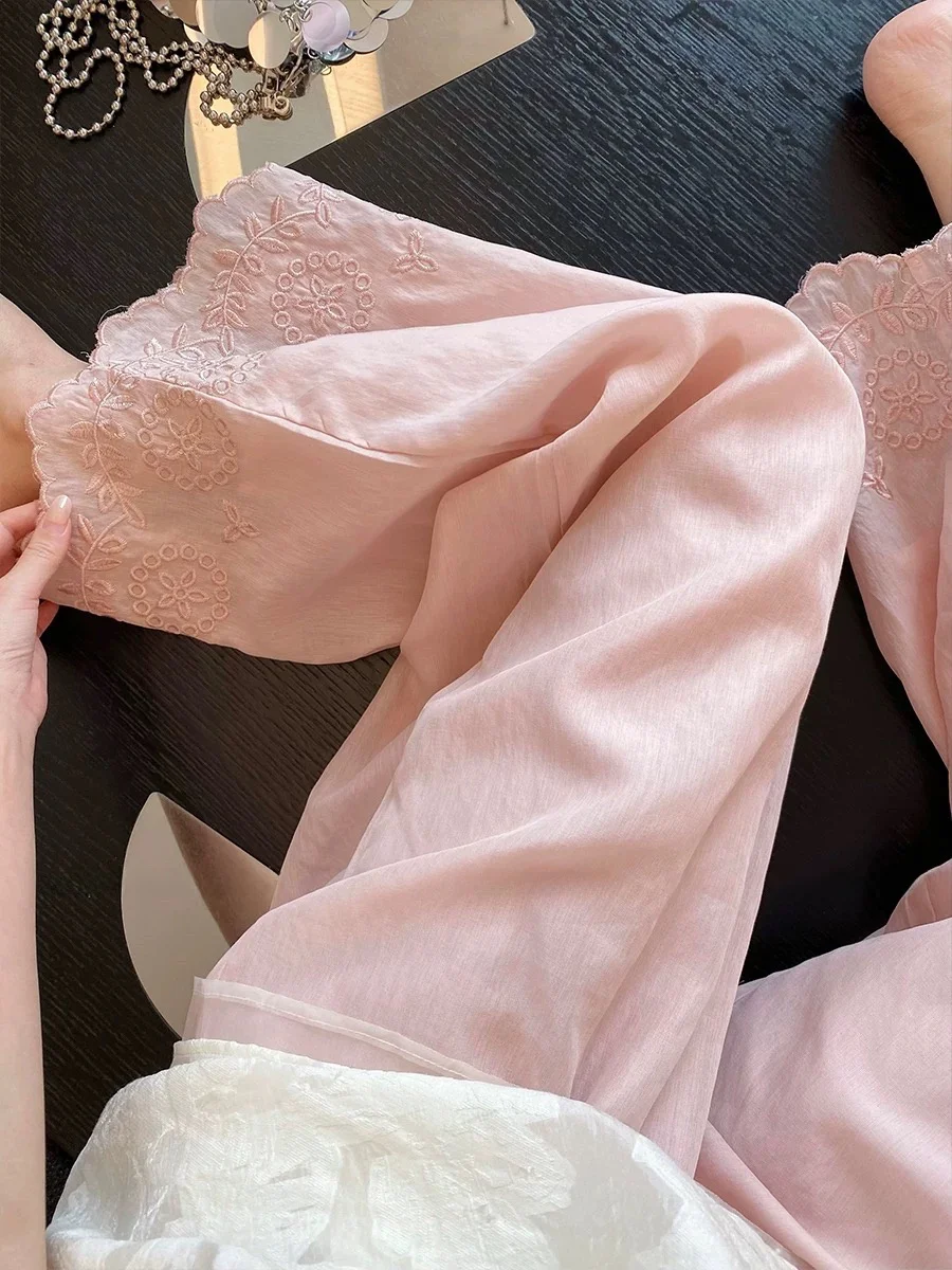 Elegant Embroidered  Linen Wide Leg Pants Women Summer Sweet Youthful Casual Straight Long Trousers Draping Flounce