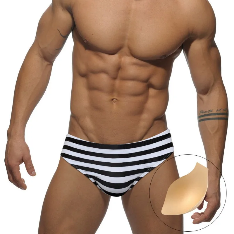 Summer Men's Swimming Trunks Sexy Low Waist Swimwear Push-up Pad Striped Beach Shorts Boxers Swimsuits Maillot De Bain Homme