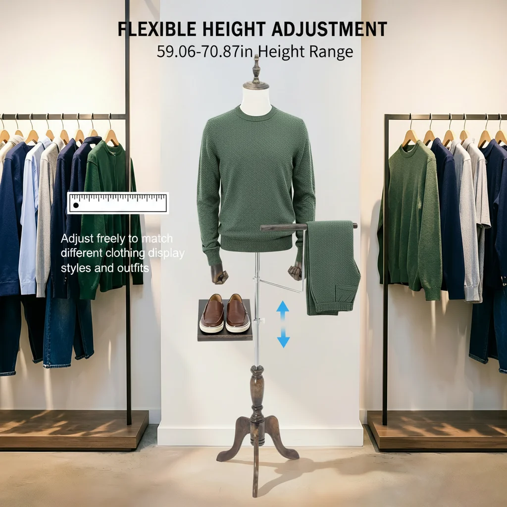 Men Shoes Rack - หุ่นโชว์เสื้อผ้าชายแบบปรับความสูงได้ ทำจากผ้าลินิน พร้อมฐานขาตั้งแบบสามขา แขนหมุนได้ งอได้ และชั้นวางรองเท้าแบบถอดได้