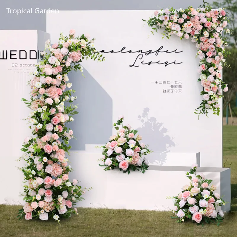 

Artificial Flower Row Wedding Decor Horn Arch Pink Rose Road Lead Flower Ball Floral Backdrop Arrangement Welcome Sign Decor