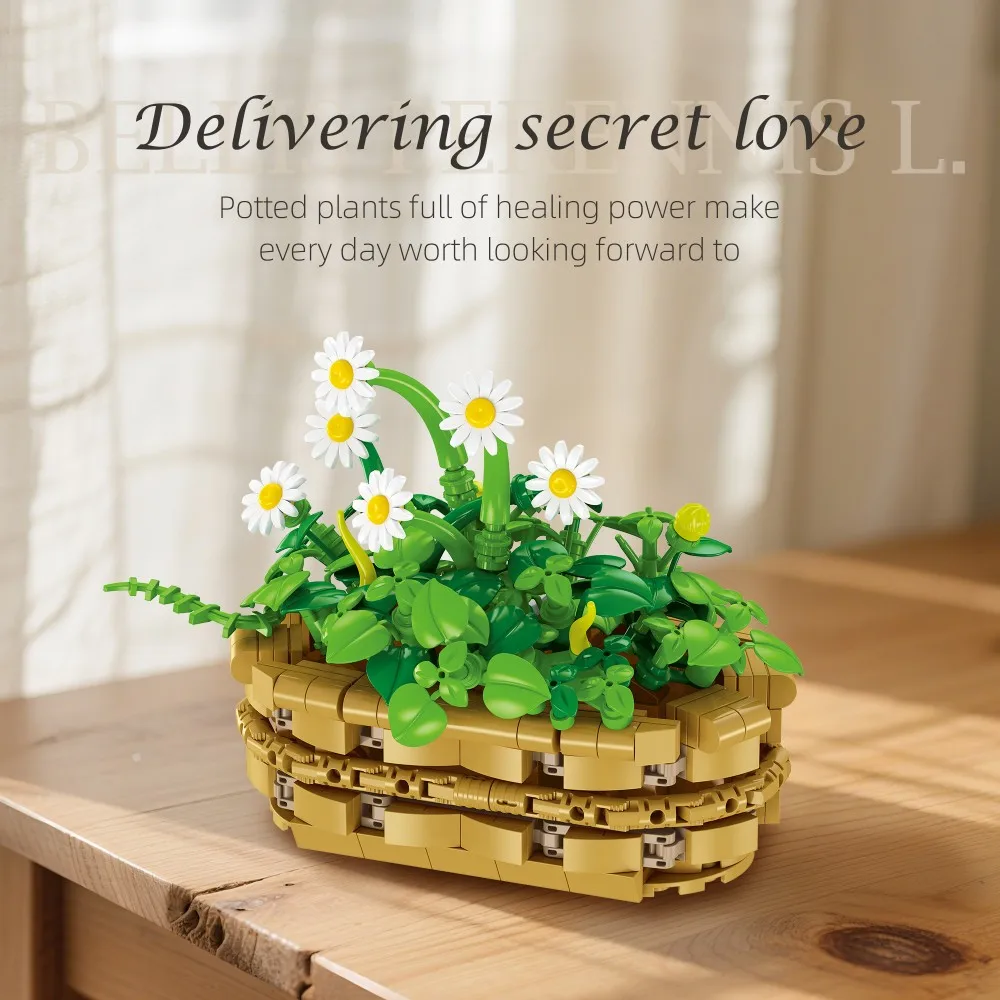375 قطعة من مكعبات بناء نباتات الأقحوان - ديكور وعاء بونساي صغير للمكتب، لا حاجة إلى ماء هدية إبداعية للبالغين والمراهقين