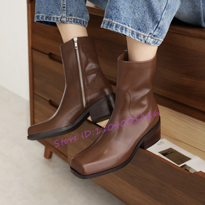 أحذية قصيرة بكعب سميك بمقدمة مربعة للنساء لربيع وخريف موضة جديدة بسحاب جانبي أحذية متوسطة الطول أحذية مريحة في الهواء الطلق #4