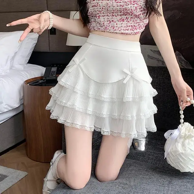 Wedbleser 2025 Summer New High Waist Sweet Bow Lace Ballet Skirt Puff Pleated A-line Half Length Skirts Women