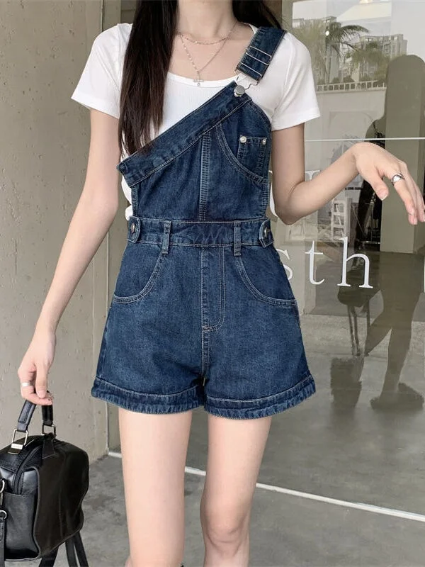 슬림 데님 오버롤 여성 여름 얇은 대형 사이즈 비대칭 원피스 트렌디 어깨 스트랩 바지