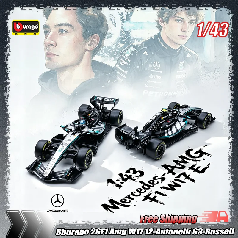 新しいブバロゴ-1-43-2026-メルセデスamg-ペトロナス-w17-f1-ヘルメット付き-12-アントネリ-63-ラッセル-ダイキャスト合金モデルカー-コレクター向け