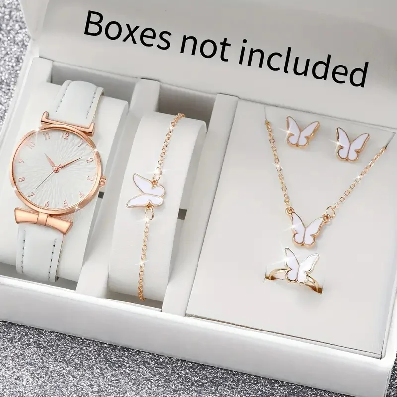 6PCS Fashion Leather Alloy Ladies Simple digital quartz Watch with Butterfly bracelet Necklace Ring Earrings jewelry set