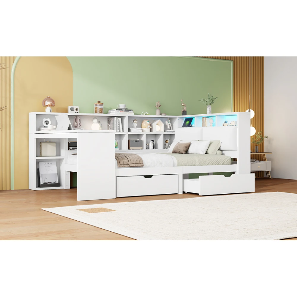 90x200 L-förmiges Plattformbett aus Holz mit Schreibtisch und Bücherregal, Eckkapitänsbett mit gepolstertem Kopfteil, Schubladen, LED-Licht – Detail 22