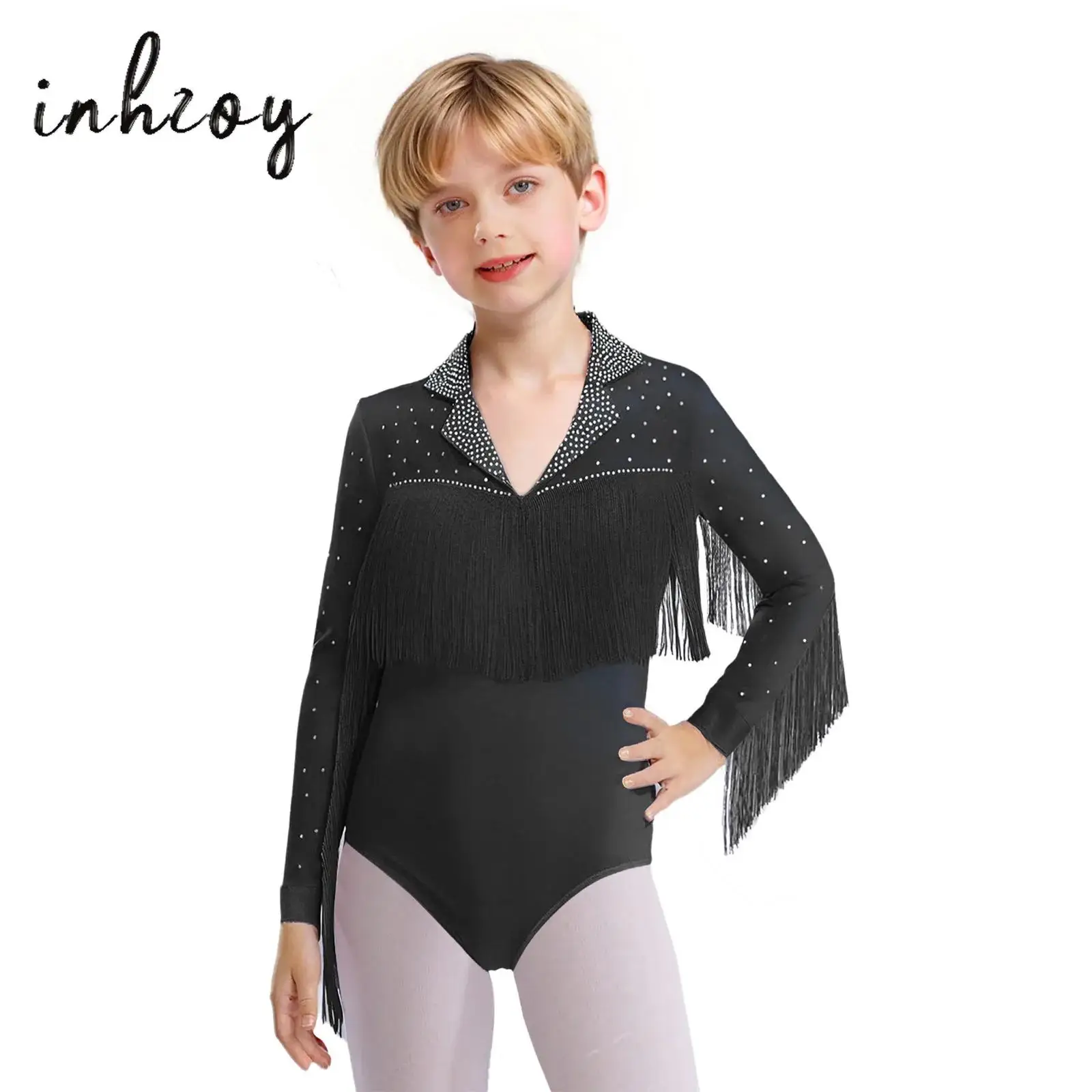 

Kids Boys Girls Latin Dance Bodysuit Modern Dancewear Long Sleeve Shiny Rhinestones Tassel Leotard for Performance Competition