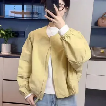 Korean Version Simple Women's Round Neck Solid Color Short Coat 2026 Spring New Female Casual Loose Jacket Joker Little Overwear 2