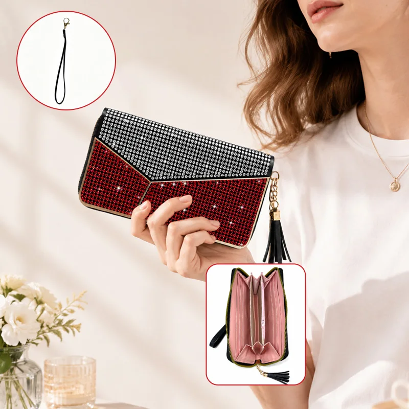 Rhinestone Long Women Wallet Tassel Clutch Purse Multi‑Card Slot Fashion Sparkly Ladies Money Bag For Daily Party Use