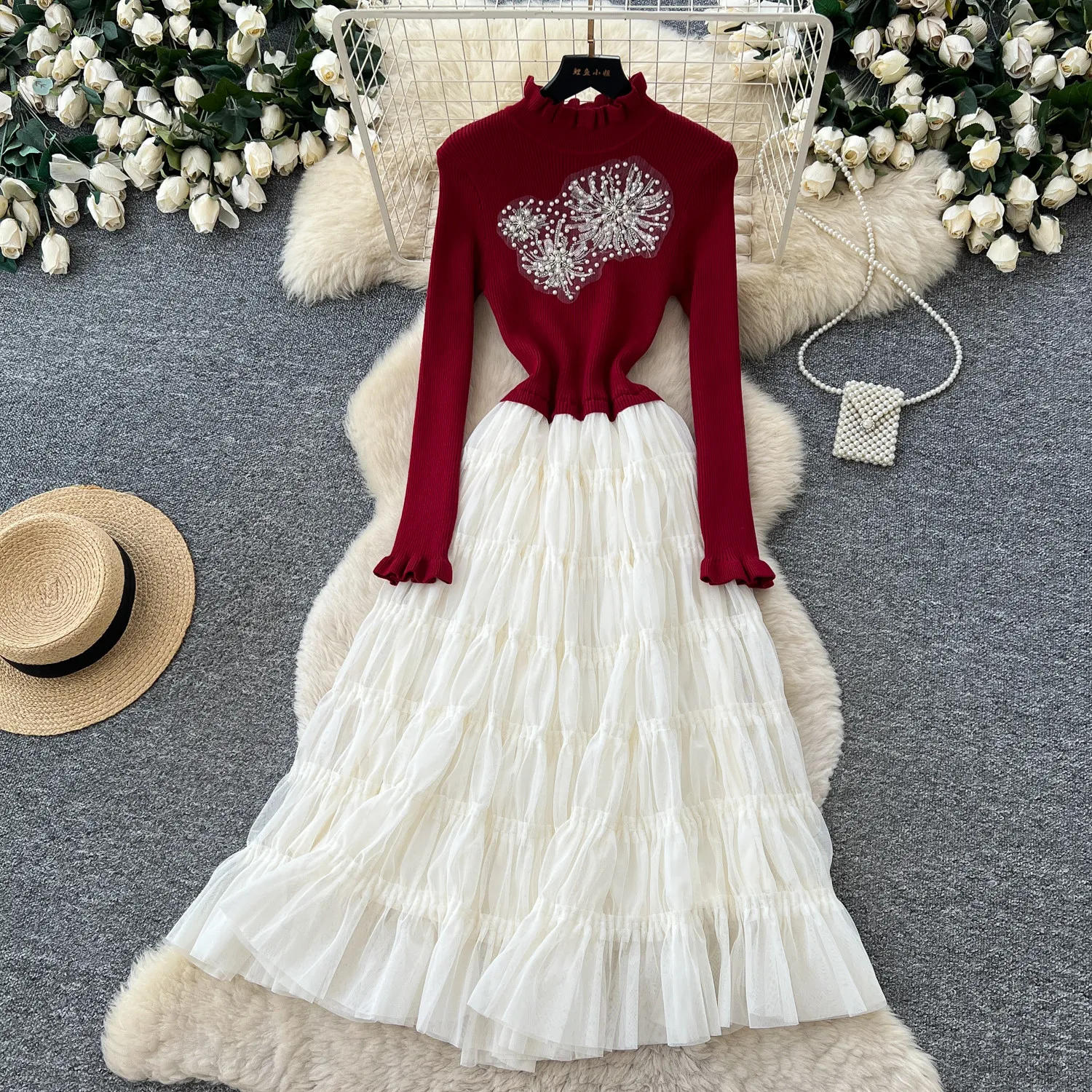 Knit Mesh Ruffled Dress Women Autumn Beaded Sequin Elegant Slim Fit A Line Gentle  Tiered Cake Dress