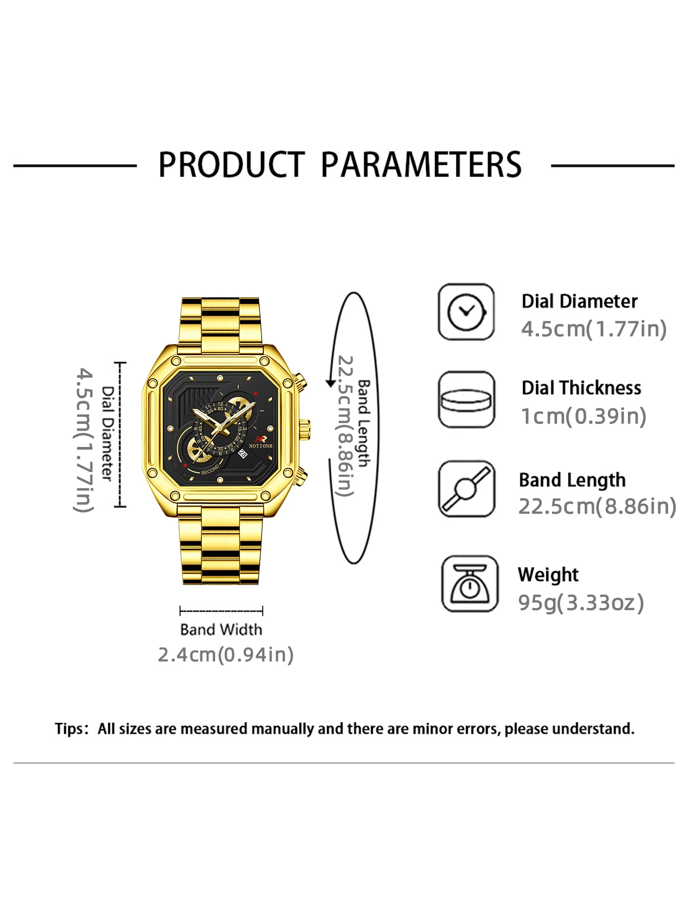 NOTIONR Men\'s Square Gold Watch Mens Business Stainless Steel Strap Calendar Waterproof Luxury Quartz Watches