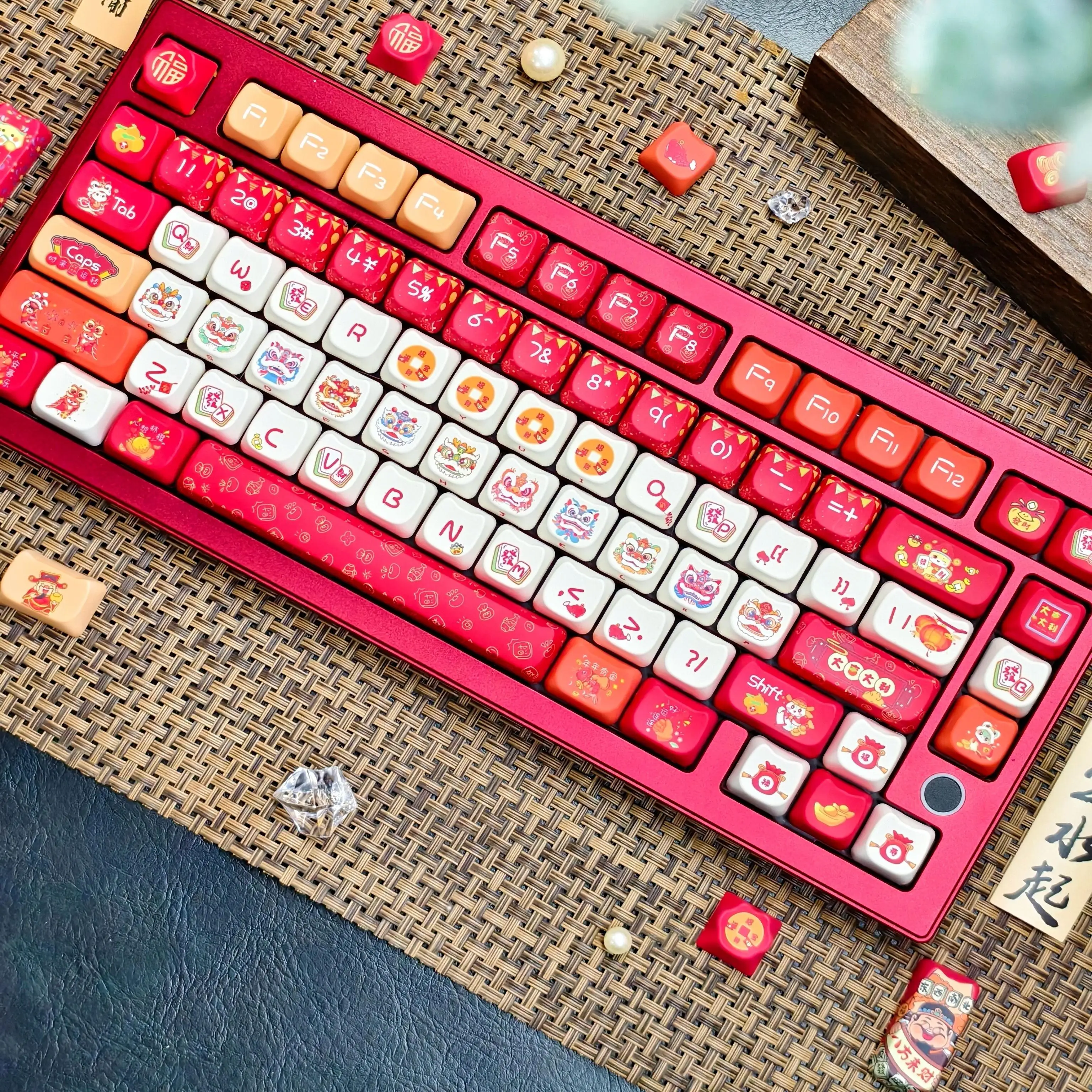 Red New Year Theme Keycap Set MAO Profile Cute Cat Ear Keycaps PBT Thermal Sublimation Lion Dance Mechanical Keyboard Key Caps