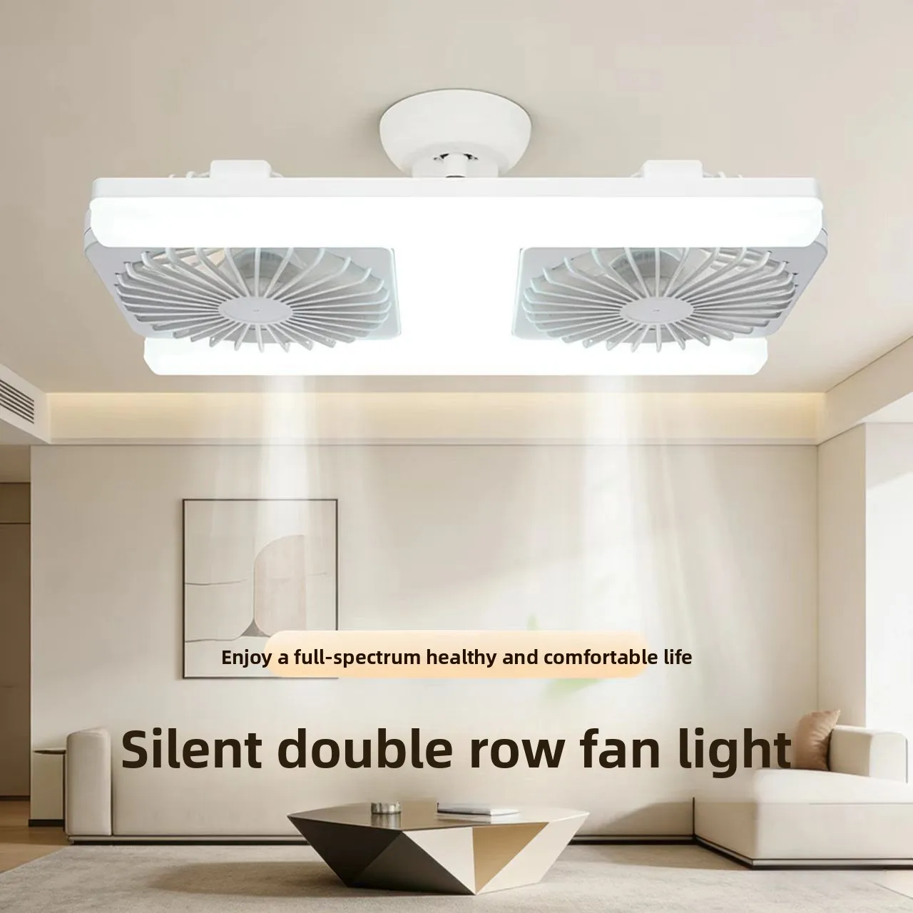 2026 New Double-row Fan Light E27 Screw Remote Control Fan Light LED Silent Living Room Bedroom Three-color Dimming