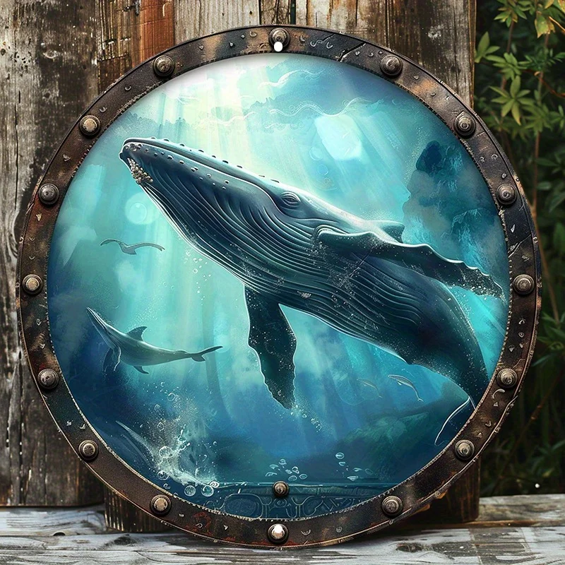 

Whale Swimming Metal Wall Art Decor, Waterproof Aluminum Round Sign for Door Hanger or Wreath, HD Printed Ocean Life Theme