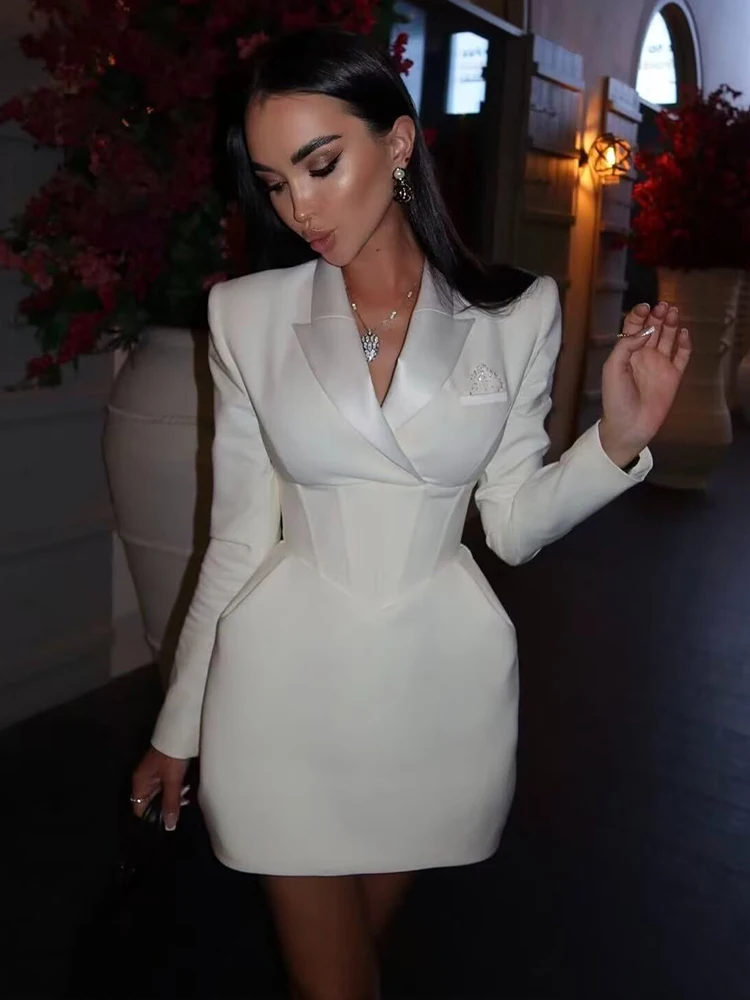 Frauen Elegante Taille-Cinching Blazer Mini Kleid Chic Langarm V-ausschnitt Spitze-up Kleider Sexy 2026 Dame Pendeln büro Vestidos