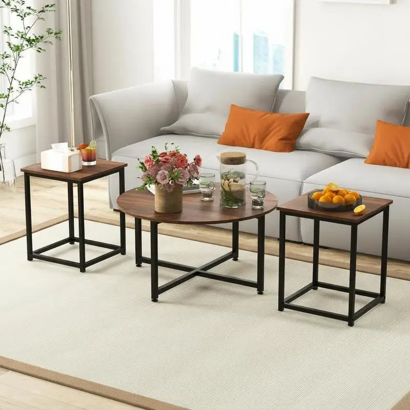 

3-Piece Coffee Table Set Round Coffee Table and 2PCS Square End Tables-Gray