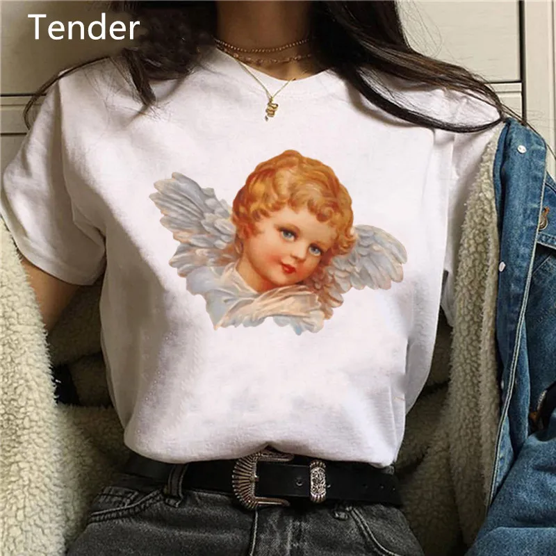 Cute Angel Baby Korean Women T-shirts Clothing Women Oversized Tshirt Summer Tops Print Funny T Shirt Harajuku O-neck Loose Tees