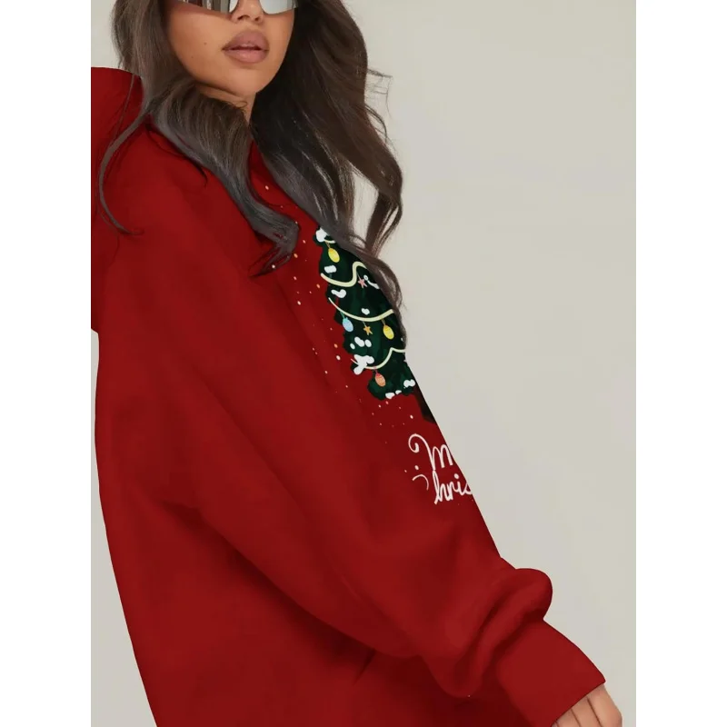 Feliz Navidad mujer casual moda suelta manga larga sudadera con capucha patrón impreso sudadera jersey Rojo