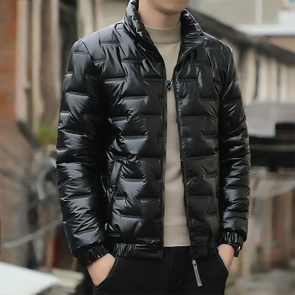 Versatile Cotton Jacket Men's Winter Cotton Puffer Jacket with Stand Collar Zipper Placket Windproof Quilted Outwear