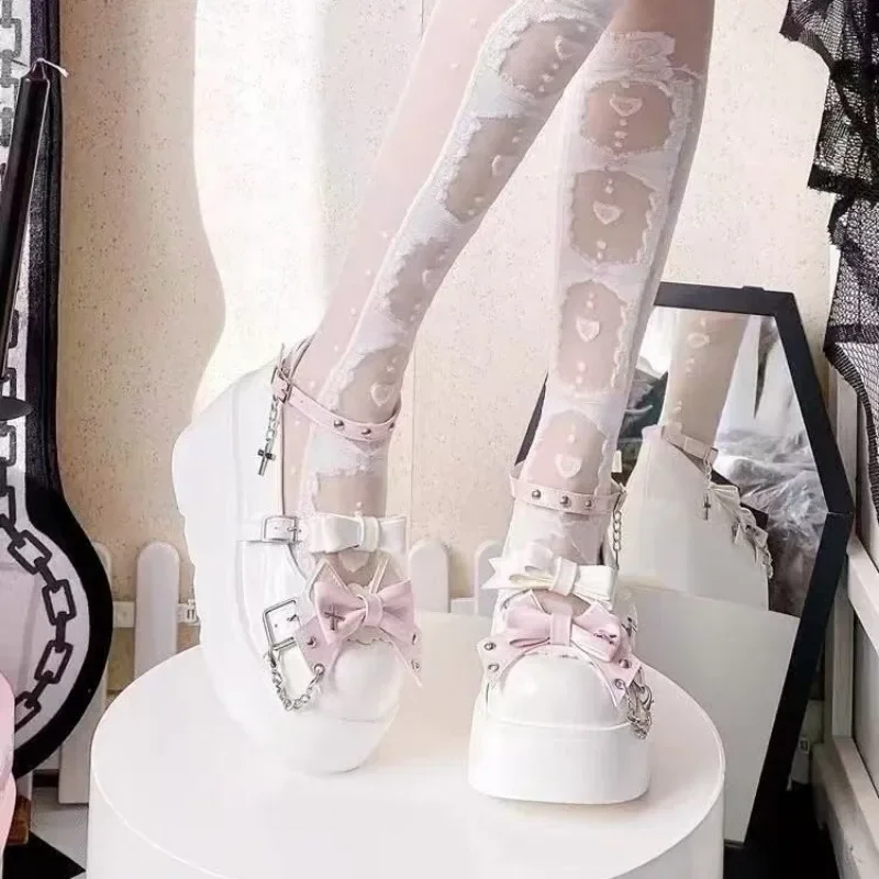 Damskie buty Kawaii Chunky Platform Wedges Pumps 2024 Spring Bowtie Mary Jane Lolita Shoes Woman Punk Goth Ankle Buckle Black Shoes