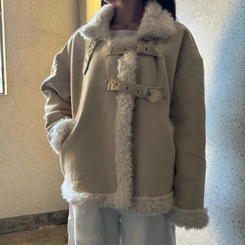 

Women's Biker Sle Thiened Autumn Winter Coat Lamb Fur Collar One-Piece Leather And Fur Inteated Faion Design Cotton J...