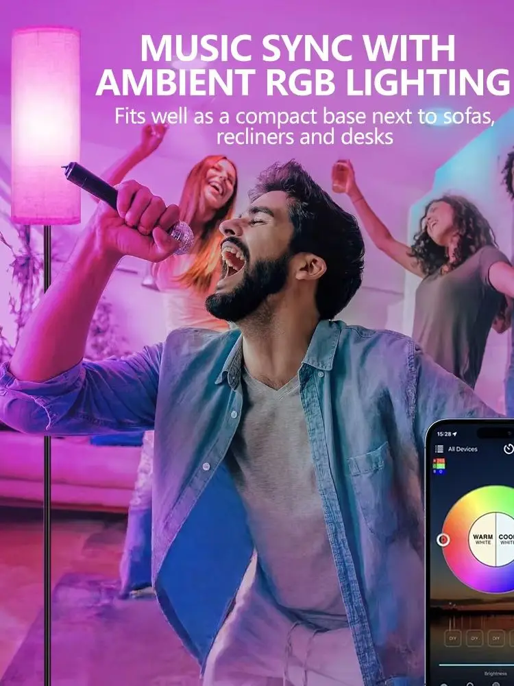 RGB Dimmbare Stehlampe 12W LED RGBW Glühbirne mit Lampenschirm Fußschalter Bluetooth App-gesteuerte Musik-synchronisierte Rhythmusbeleuchtung DIY Farbenfrohe Ambiente-Stehlampe für Schlafzimmer Büro