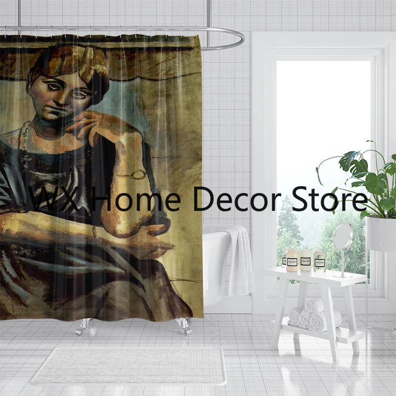 Abstract Figure Hand Drawn Oil Painting Nordic Style Female Niche Art Shower Curtain Waterproof and Mildew Proof