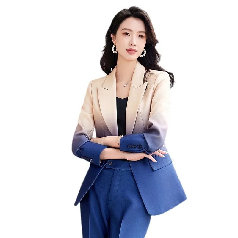 Pop Newest Fashion 2024 Designer Suit Set Women's Gradient Color Printed Single Button Blazer Flare Pants Suit