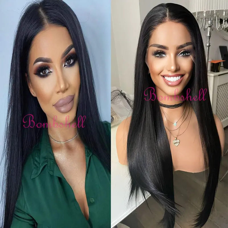 

Bombshell Black Color Silky Straight Synthetic Lace Front Wig Glueless High Quality Heat Resistant Fiber Hair For Black Women