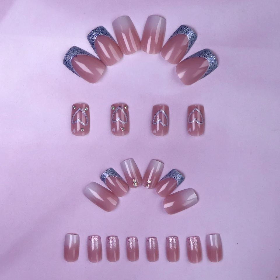 24 piezas de uñas postizas cortas francesas con degradado y corazones, incluye 1 gel jelly y 1 lima, regalo para chicas, madres y mujeres 3