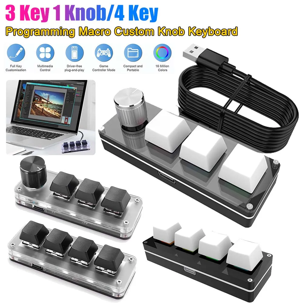 3 Key 1 Knob/4 Key Programming Macro Custom Knob Keyboard  Gaming Keypad RGB Wired USB Mechanical Gaming Keyboard Mini Button