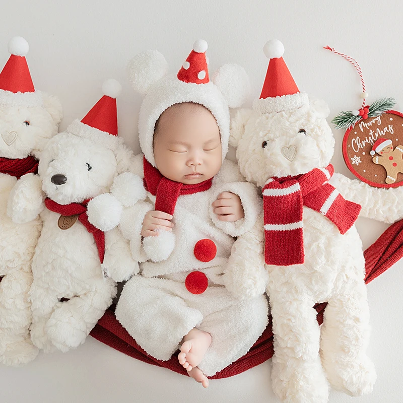 Baby Christmas Clothing For Photo Soft White Santa Bear Toys Newborn Photography Jumpsuit Hat Suit Photo Gingerbread Man Props