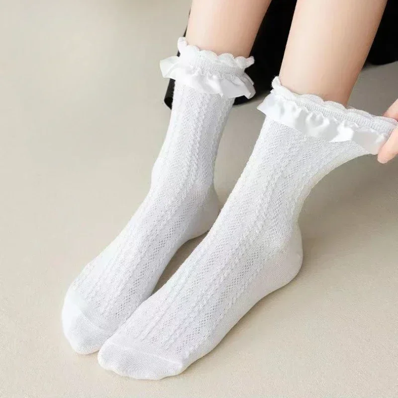 

Socks Woman Lace Sock 2024 New Solid Black White Lolita Lacework Ruffle Summer Thin Kawaii Sweet Girls Cute Short Socks Women